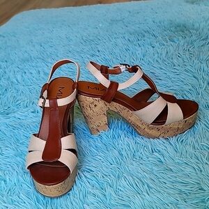 Mia platform sandals, 9M, brown and tan, 2" platform with 5" heel.